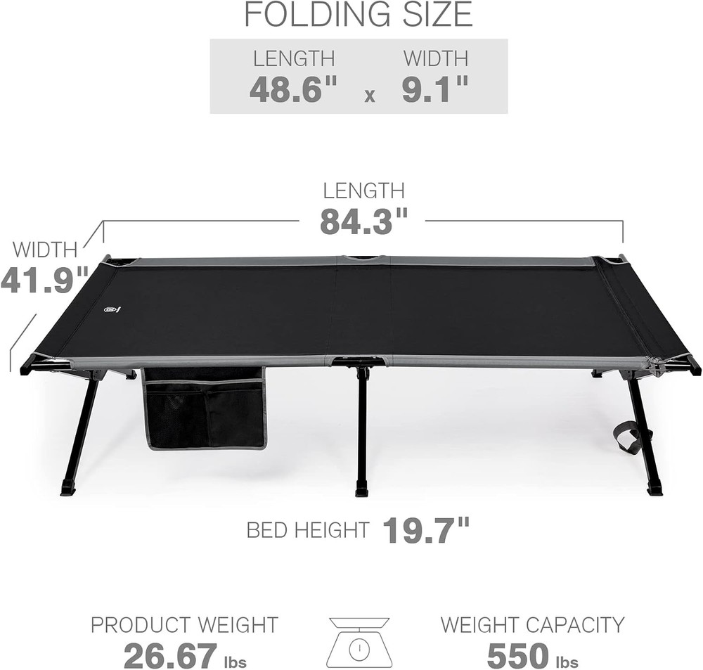 EVER ADVANCED Extra Wide Camping Cot, Support to 550 lbs, Black