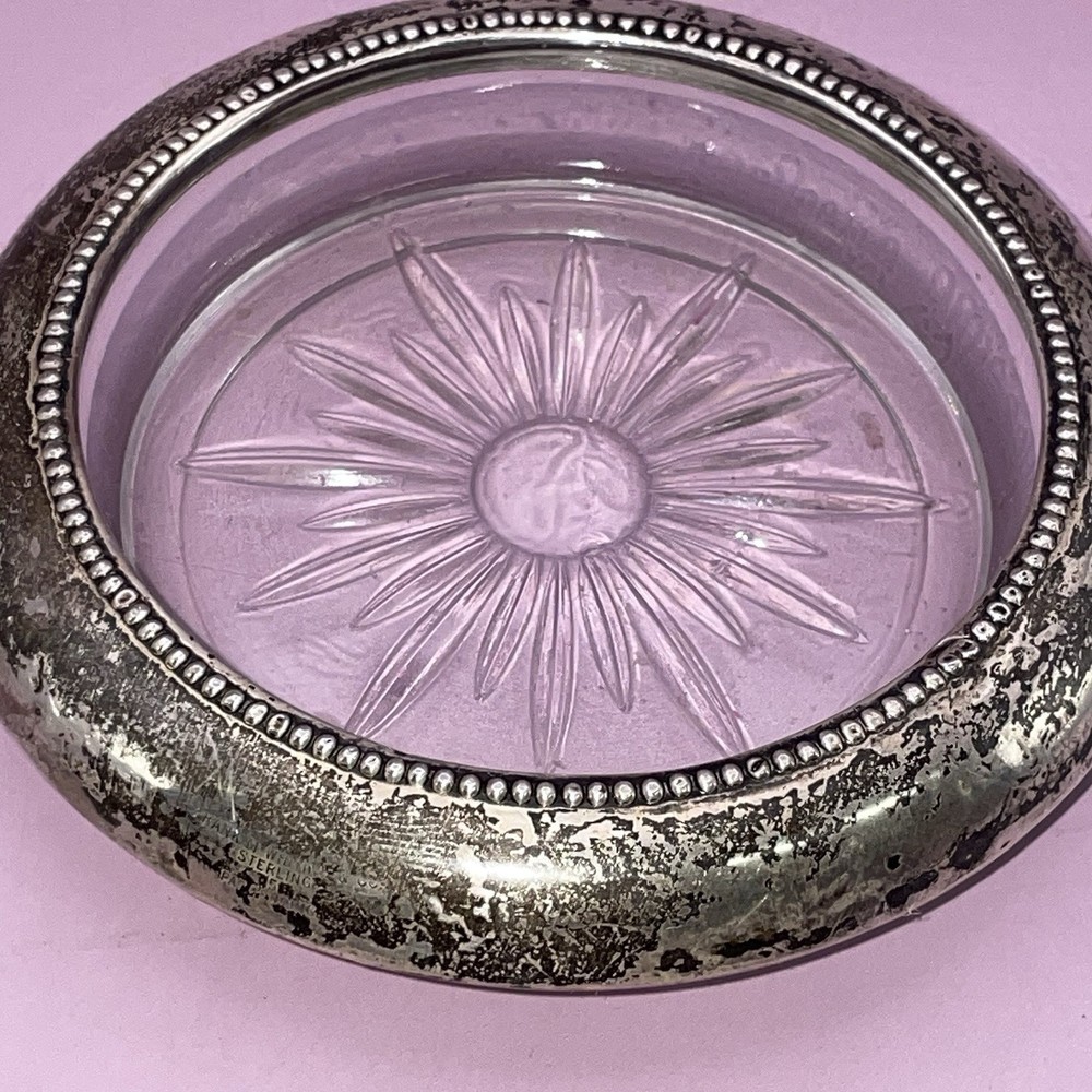 Glass Coaster Sterling Silver Round 4”