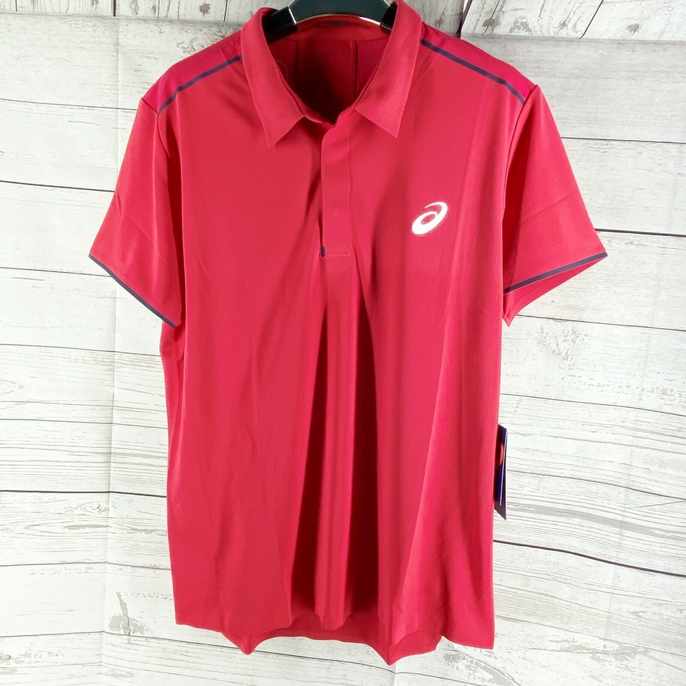 Asics Mens Gel-Cool Snap Button Performance Polo Red Navy Size M