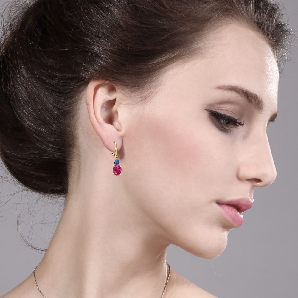 18K Yellow Gold Plated Silver Created Ruby and Created Sapphire Dangle Earrings
