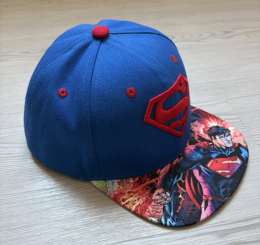 Six Flags Superman Logo Snapback Cap Blue with Sublimated Flat Brim DC Comic