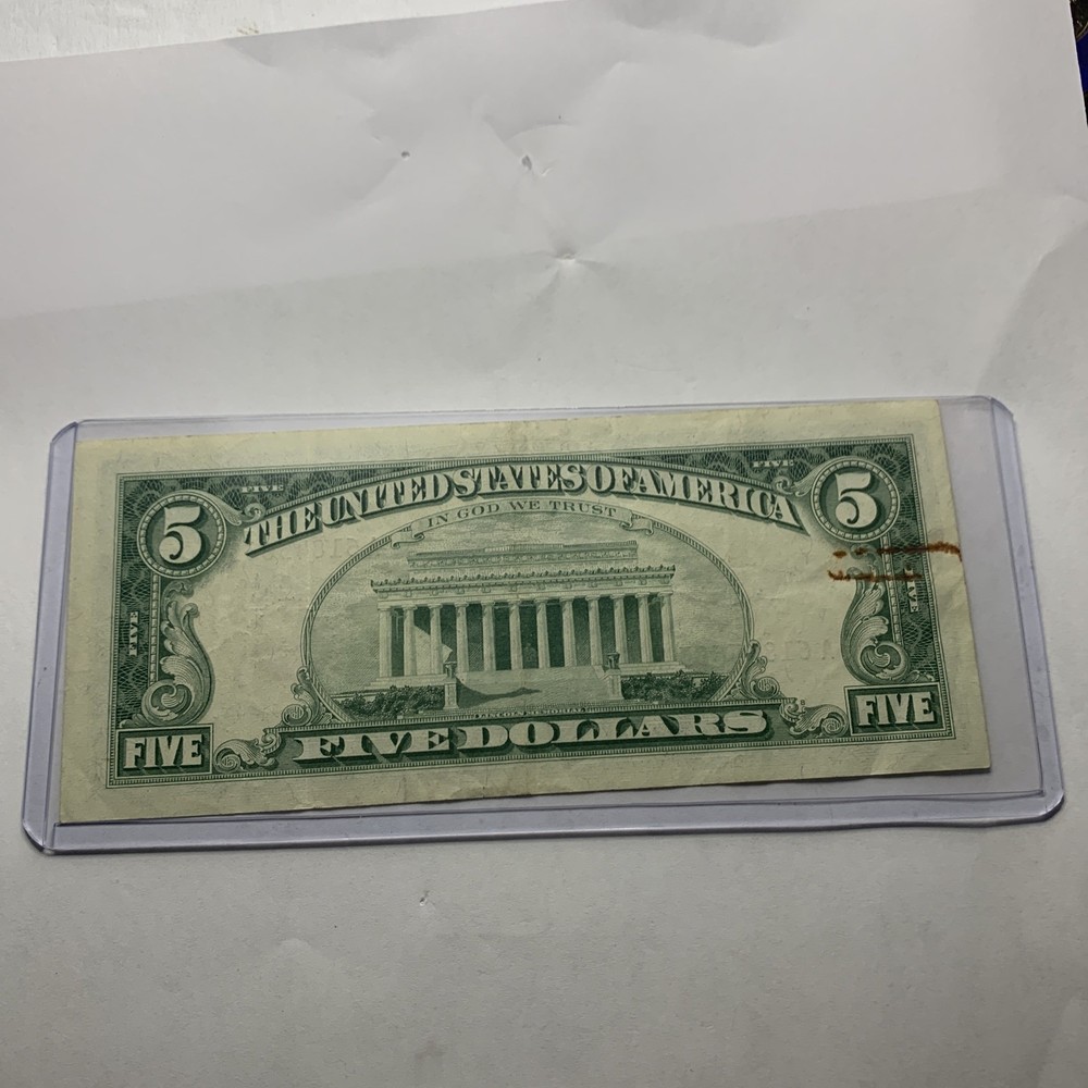 1963 $5 dollar red seal note A61845685a