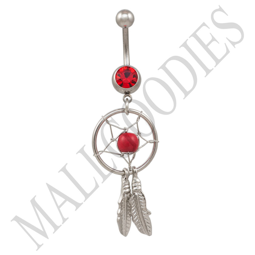B104 Red Ruby Dreamcatcher Dream Catcher Belly Navel Ring Feather Bead Surgical