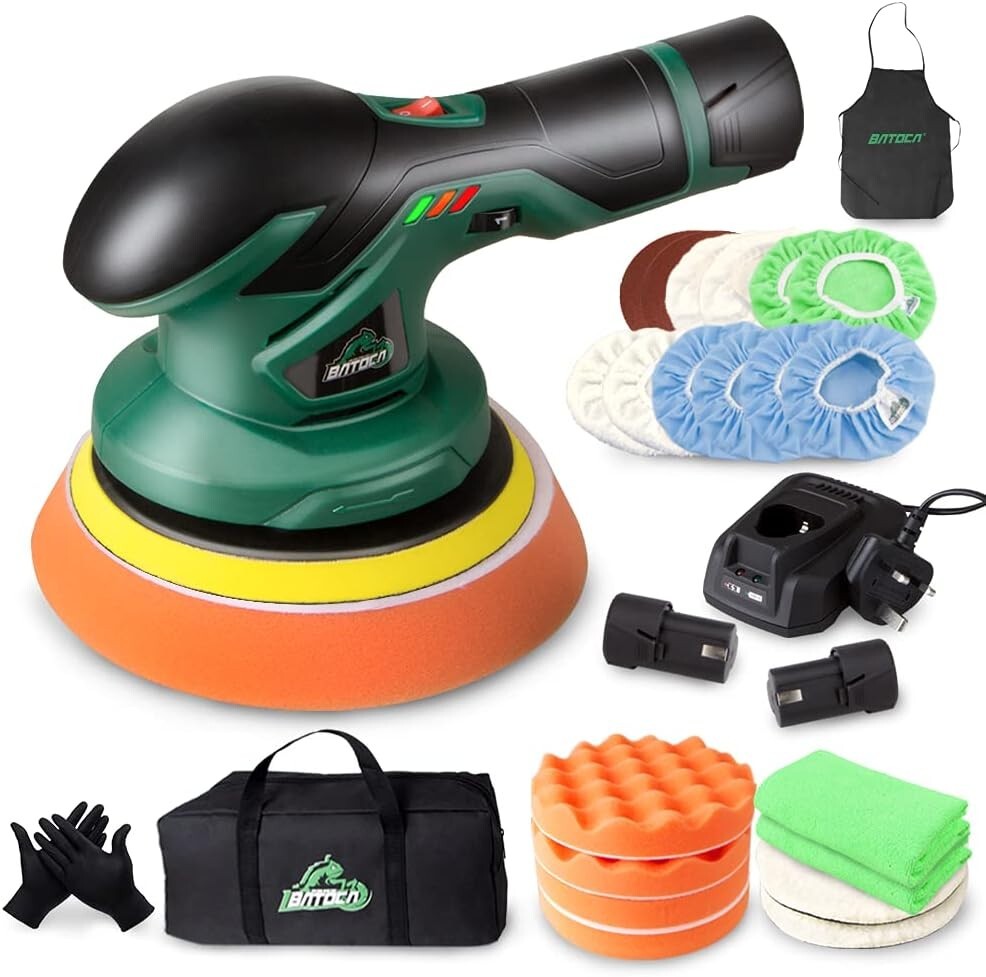 Battery Powered Car Buffer Polisher - Includes 2 Batteries & Fast Charger, Green