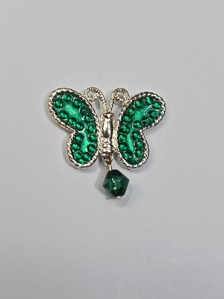 AVON Butterfly Lapel Pin Dark Green Dangling Bead