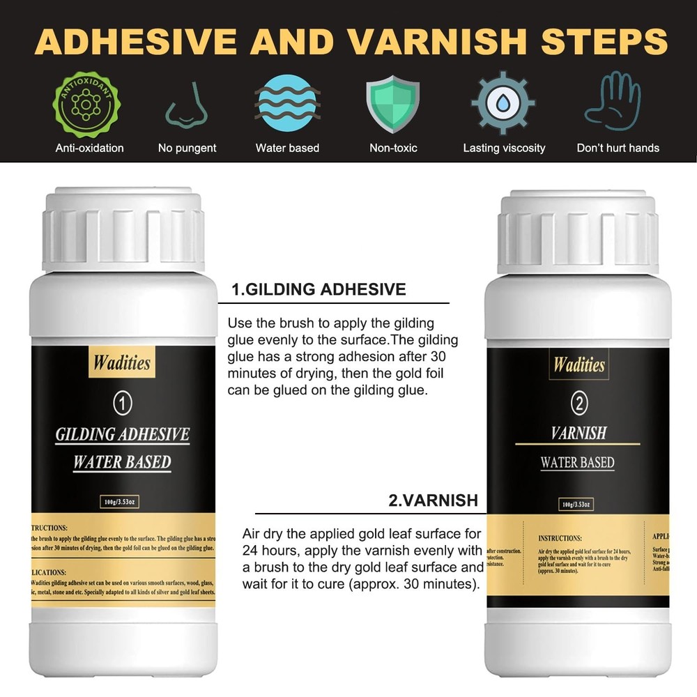 Water-Based Gold Leaf Gilding Adhesive Set with 100 Sheets & Brushes Included