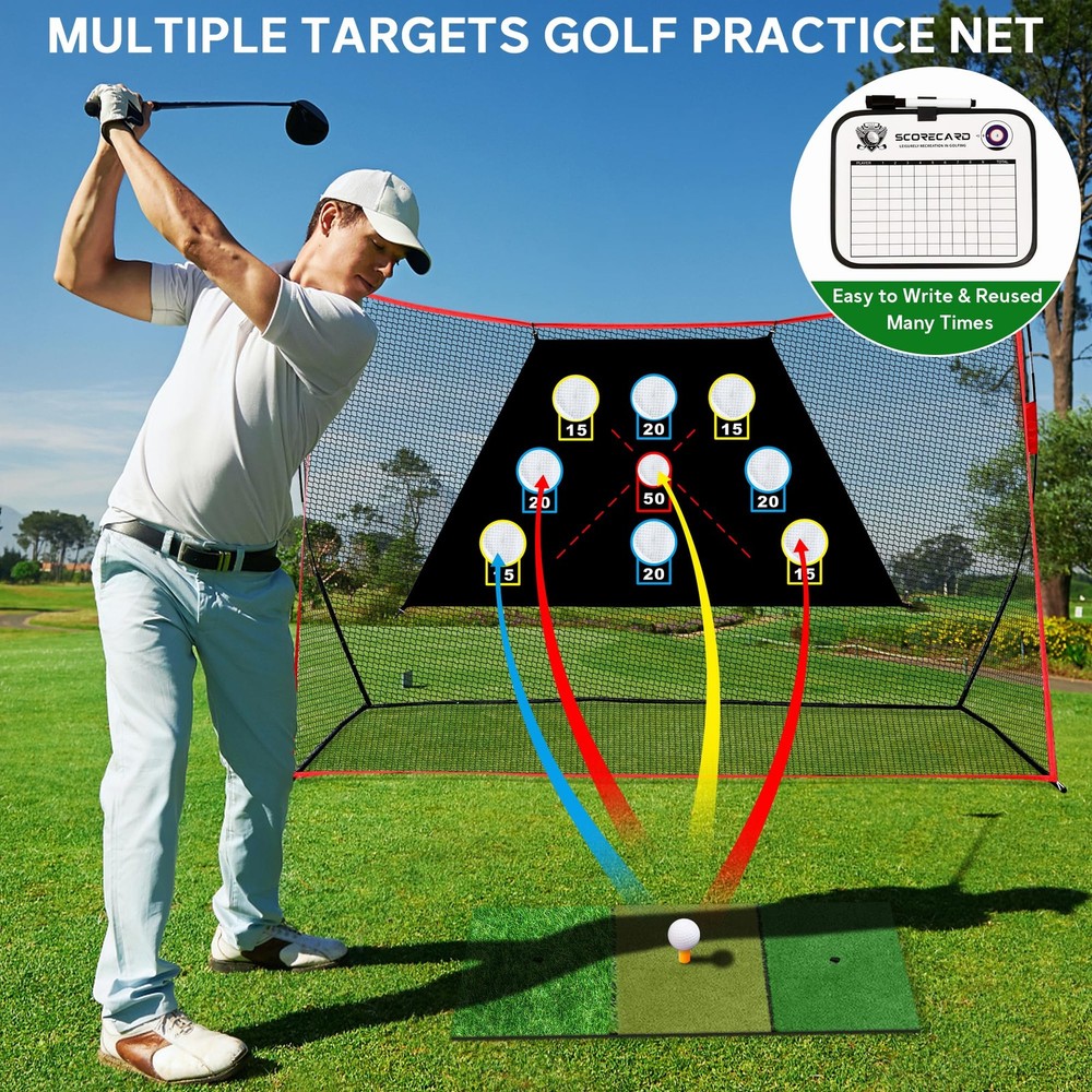 Golf Net, 10x7Ft Practice Hitting Net with Scoring Target Cloth, Tri-Turf Mat