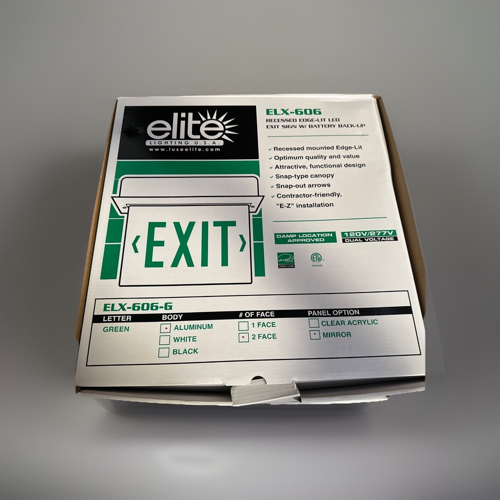 🔴Elite Lighting ELX-606-G Edge-Lit Exit Sign Double Faced Green Mirror‼️