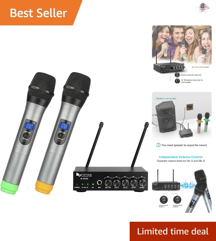 Easy-to-use Wireless Karaoke Microphone System - 2 Mics, 1 Receiver, Cables
