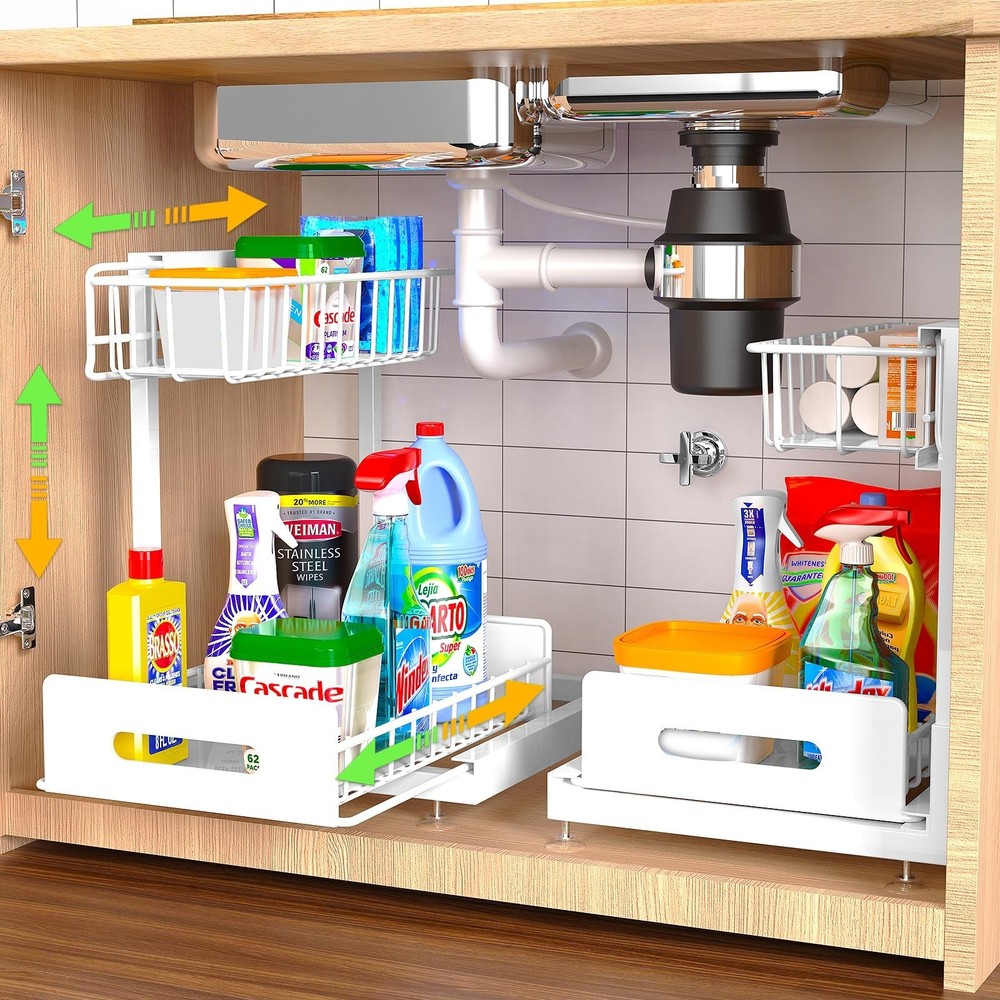 2 Pack Under Sink Organizer and Storage,Pull Out Cabinet Organizer 2 Tier Sli...