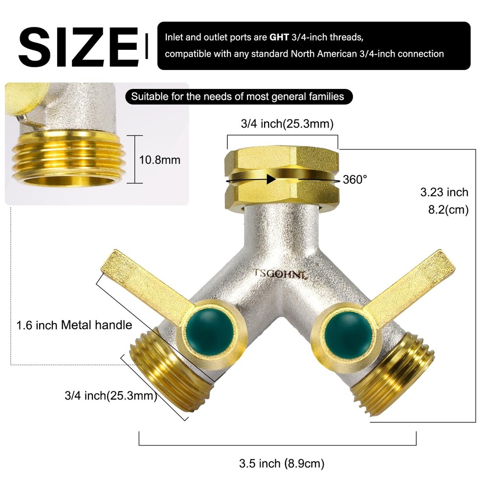 Garden Hose splitter, Heavy Duty Solid Brass Y splitter, Rust Resistant Two-W...