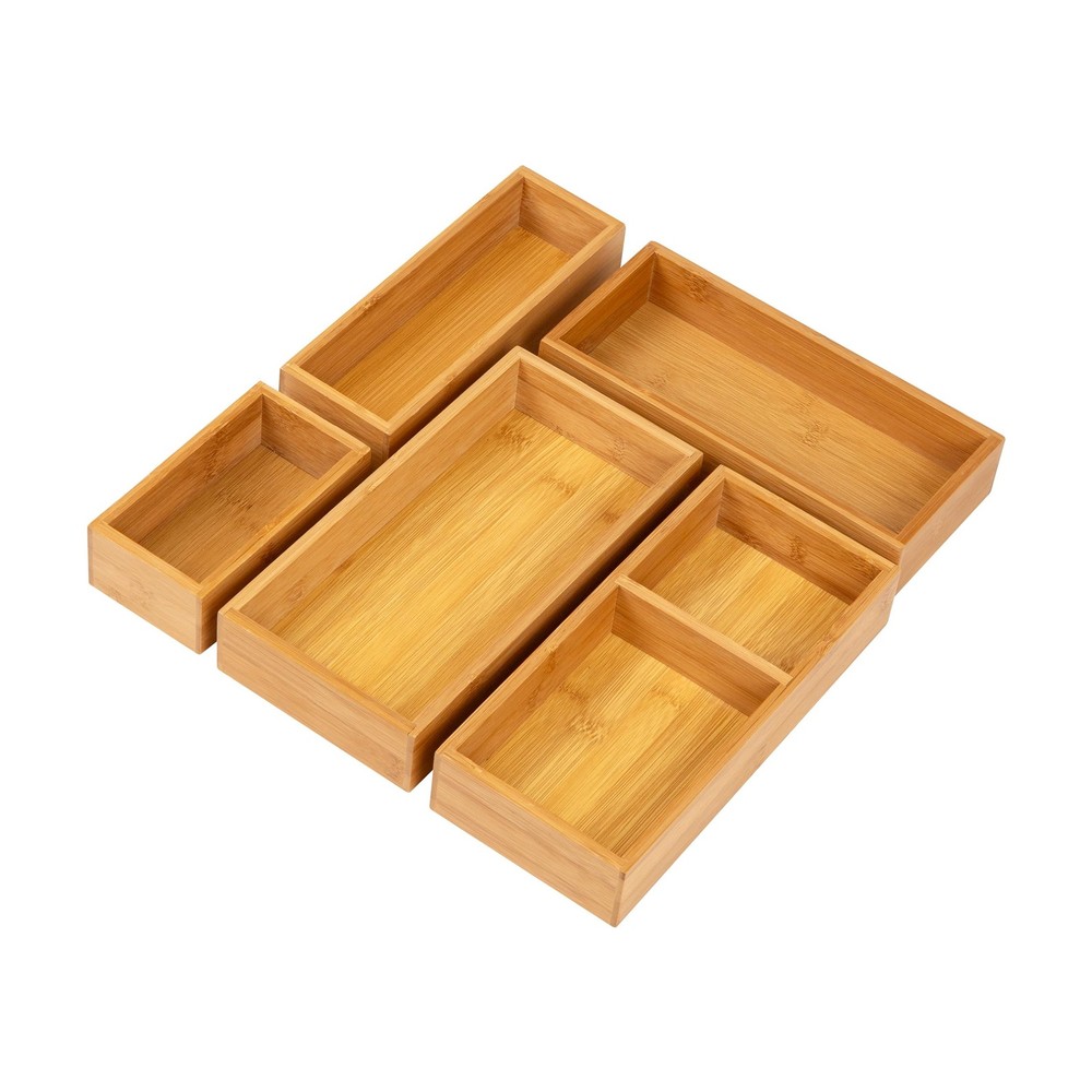 5-Piece Bamboo Drawer Organizer Set, Stackable Storage Trays for Kitchen, Bat...