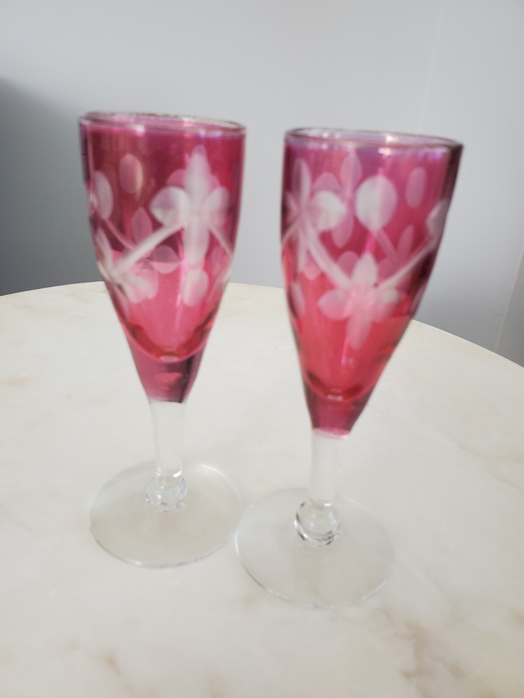 Vintage 2 Crystal Ruby Edged Shot Glasses Beautiful