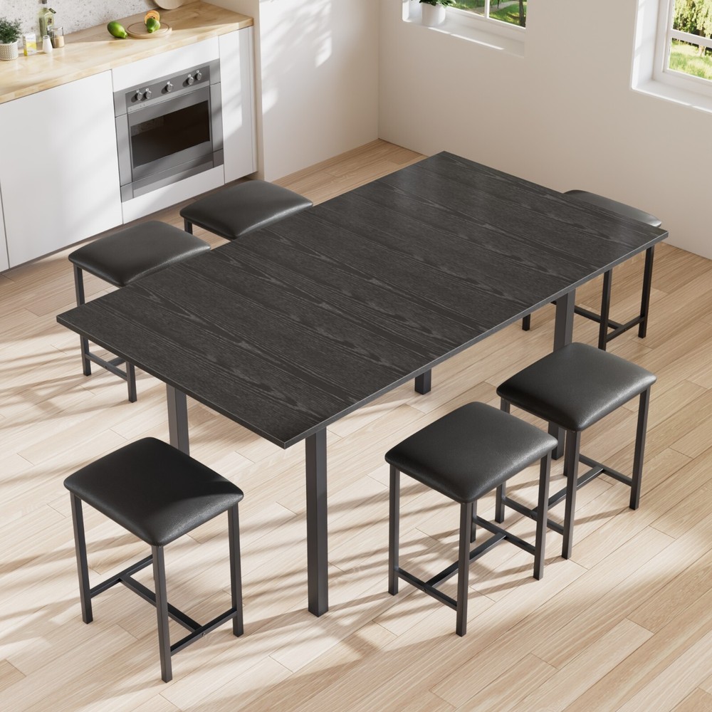 Extendable Dining Table Set with USB Charging, Kitchen Table with 6 Stools Black