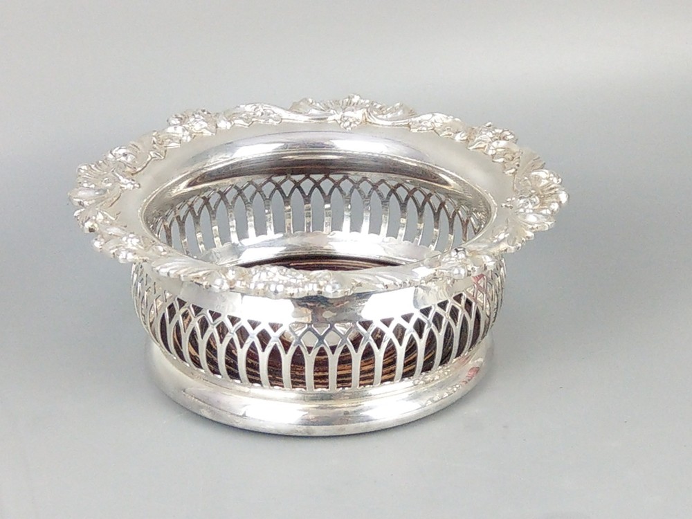 Antique Pierced Bottle Coaster Silver Plated Grape & Vine