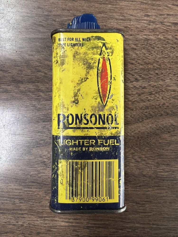 Vintage Ronsonol Lighter Fluid Tin Blue Yellow Switch Spout Empty