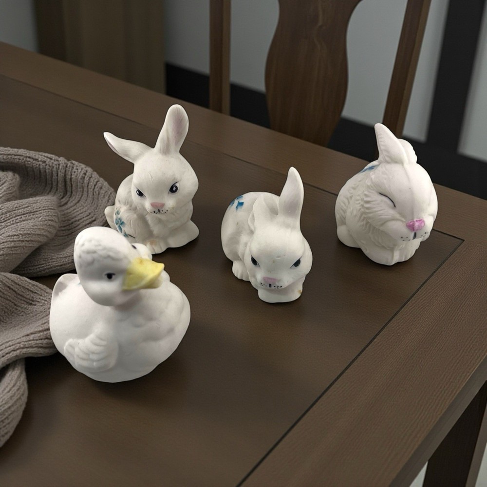 Vintage 4 Piece 3 Easter Bunny 1 Duck Figurines Ceramic Spring HandPainted