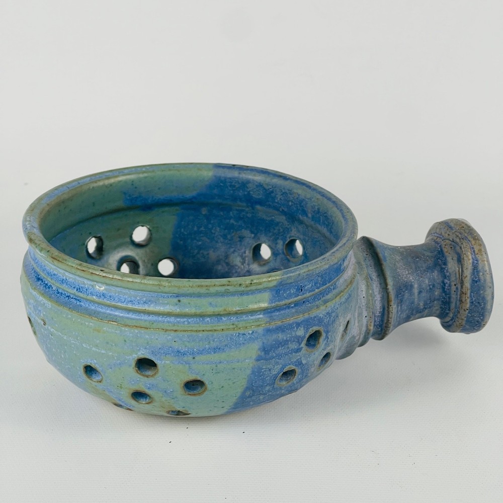 Handmade Blue Green Pottery Berry Bowl Strainer Signed