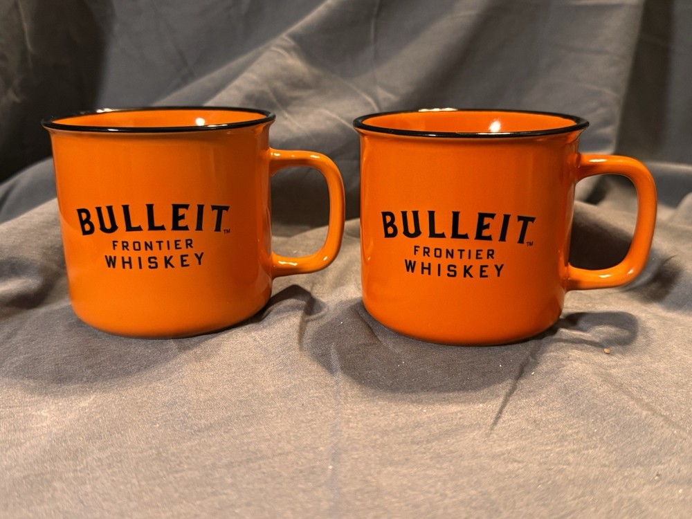 Bulleit Frontier Whiskey Orange Campfire Mugs Set 2 Black Rim Ceramic
