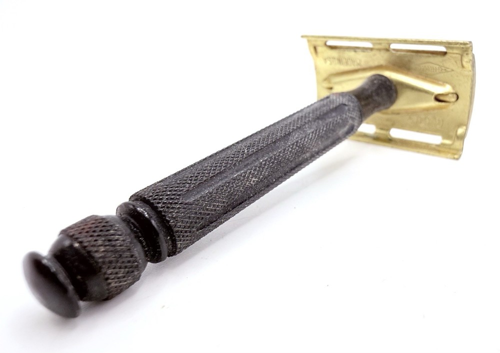 Vintage Gillette 3 Piece Tech Razor Gold Head Black Handle With Box