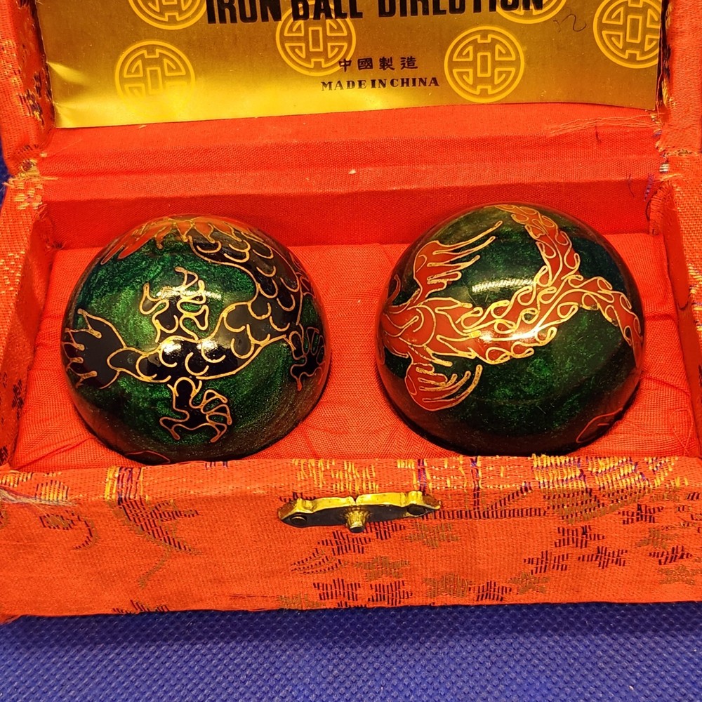 Chinese Cloisonné Baoding Balls Healing Meditation Dexterity Red Silk Case
