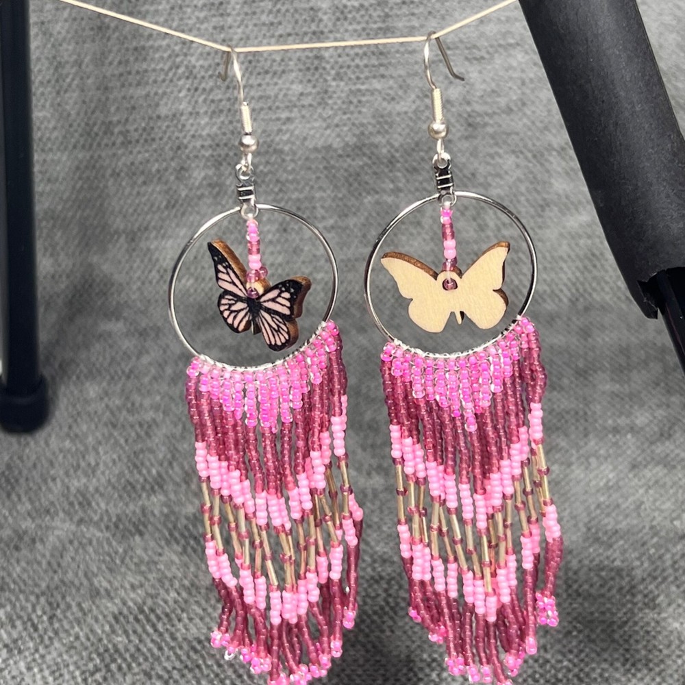 Native American Dangle Earrings Beaded Pinks Silver HandmadeYurok 5'"