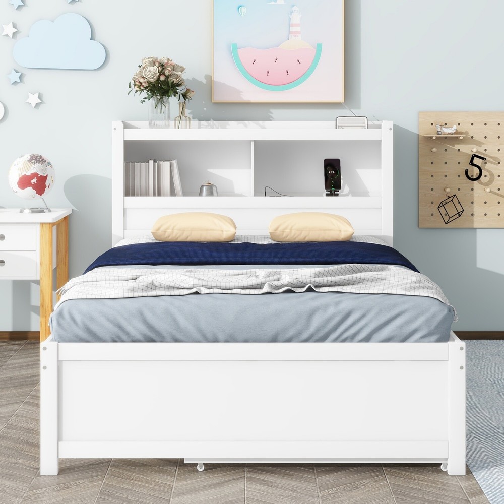 Full Size Bed Frame Wood Platform Bed w/ Pull-Out Trundle & Drawer White/Gray