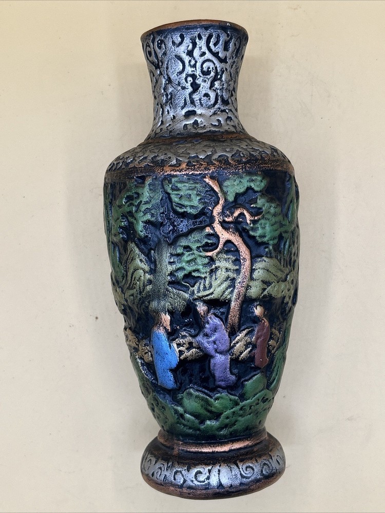10.5” Ceramic Vase. Raised Design, Hand Painted.