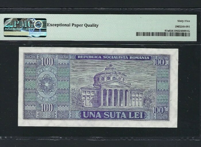 1966 Romania 100 Lei. PMG Graded 65 . Gem Uncirculated