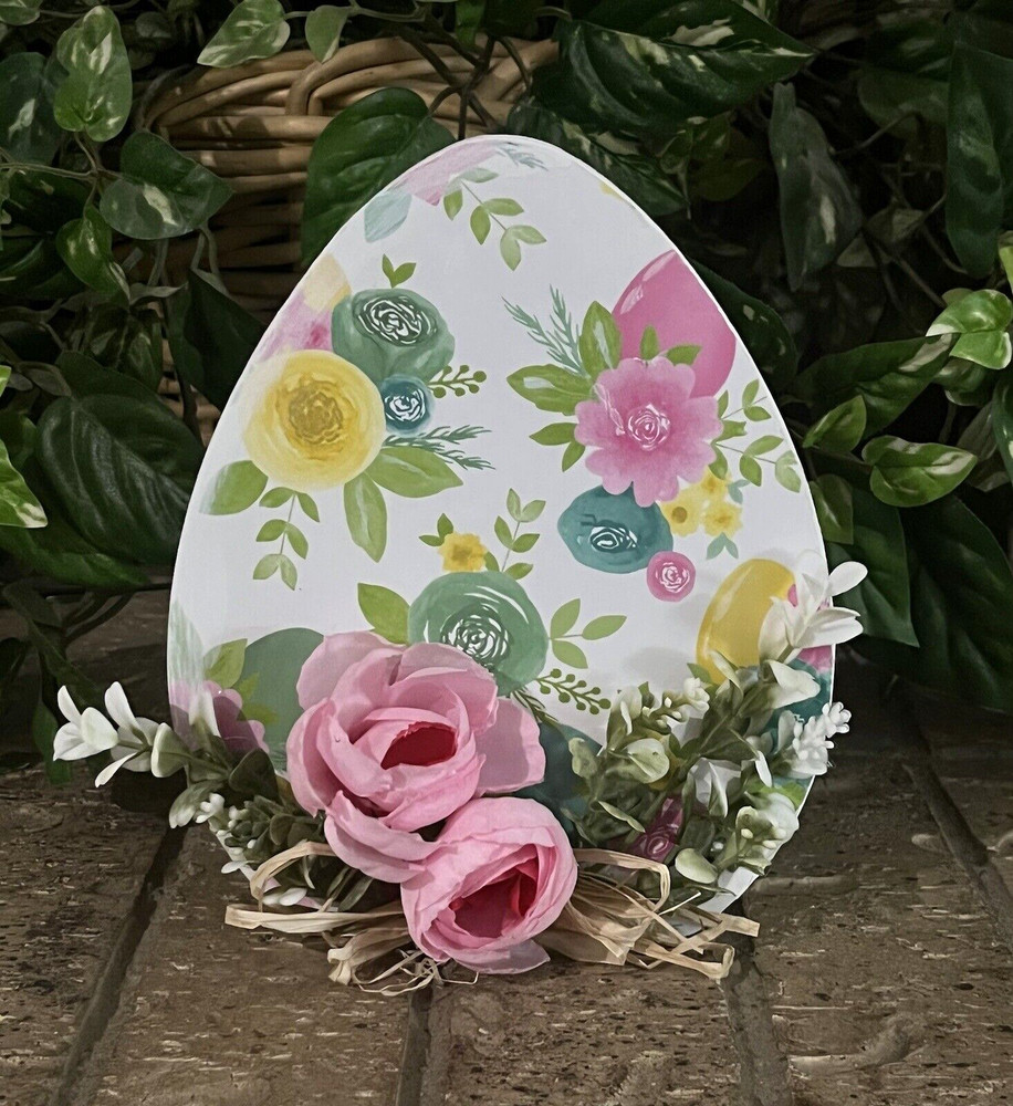 Handcrafted Wood Floral Easter Egg Decor  8” X 6-1/4”