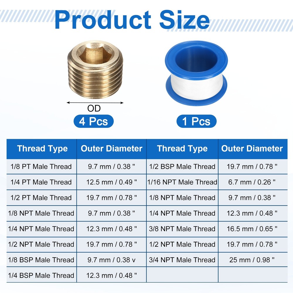 4Pcs 1/8 PT Brass Pipe Plug Fitting, Male Thread Internal Hex Socket Pipe Cap