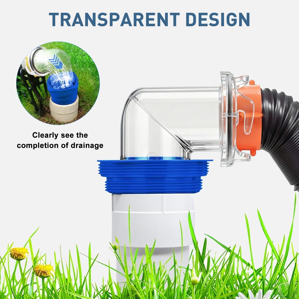90° Clear RV Sewer Hose Elbow w/ 4-in-1 Fittings Adapter for 3" Campers Travel