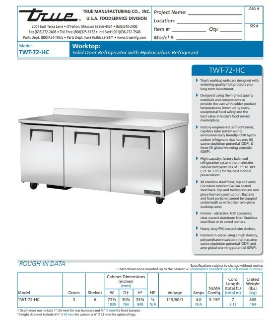 True TWT-72-HC 72" Solid Three Door Worktop Refrigerator, 19 cu ft