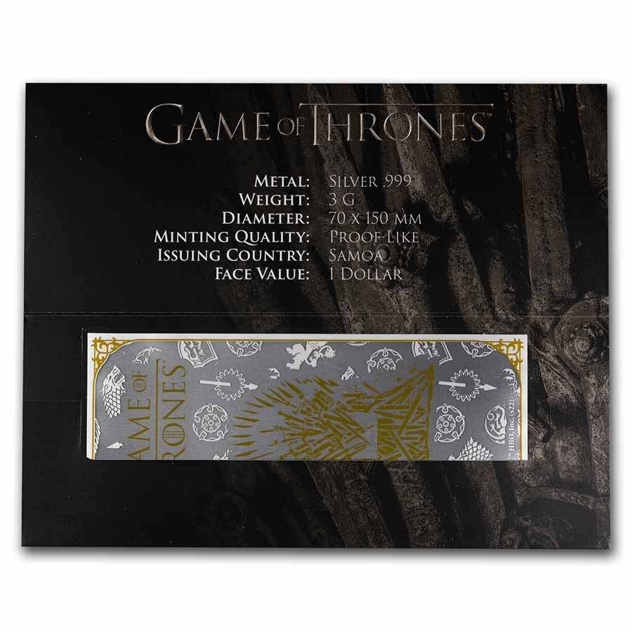 3 Gram $1 Samoa .999 Silver Game of Thrones Note with COA
