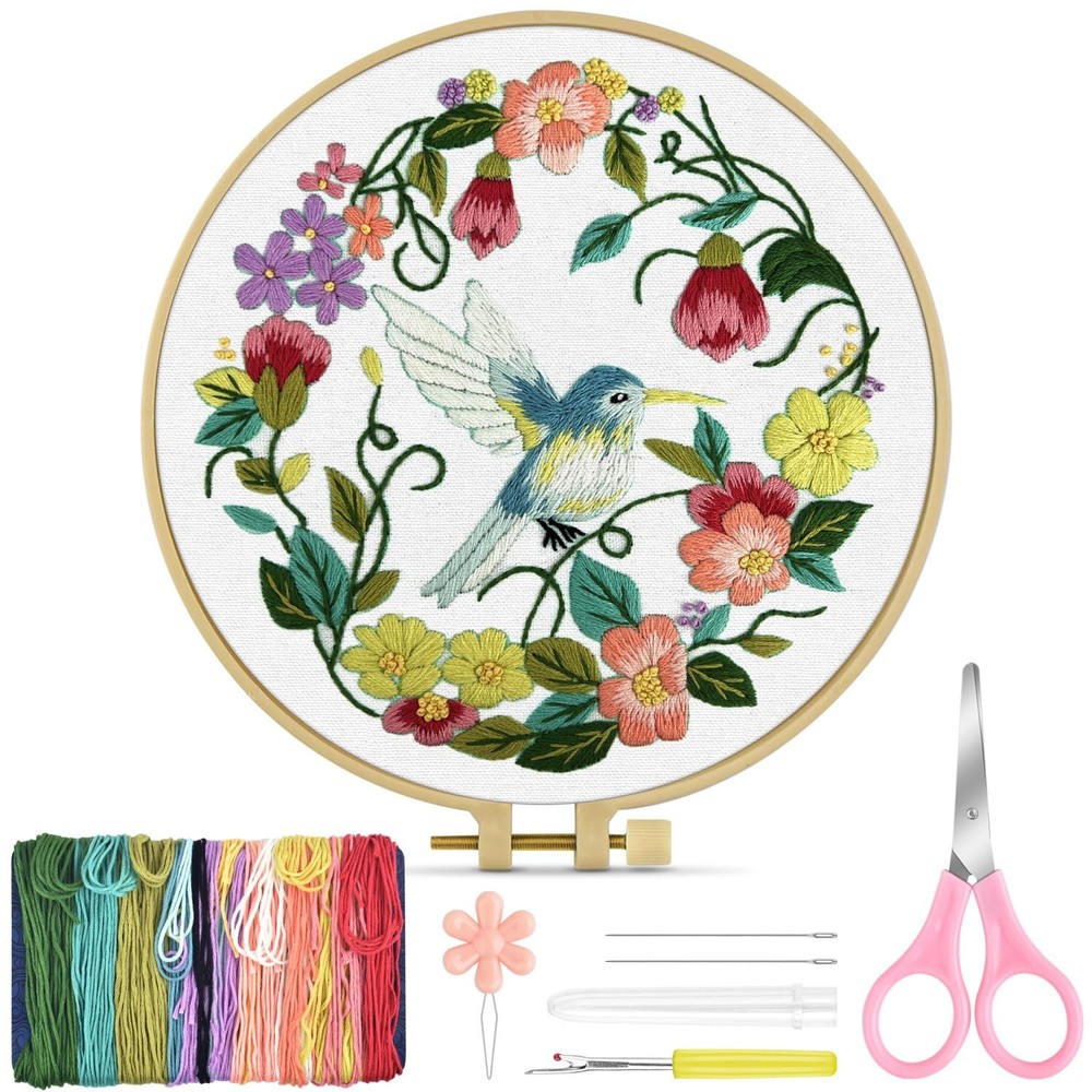 Beginner Embroidery Kit With Hoop,Fabric,Threads,Hummingbird Design,Multicolor