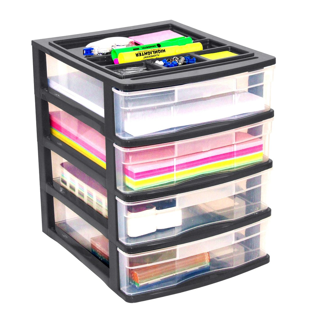 Gracious Living 4 Drawer Desktop Storage Unit with Organizer Lid, Black (2 Pack)