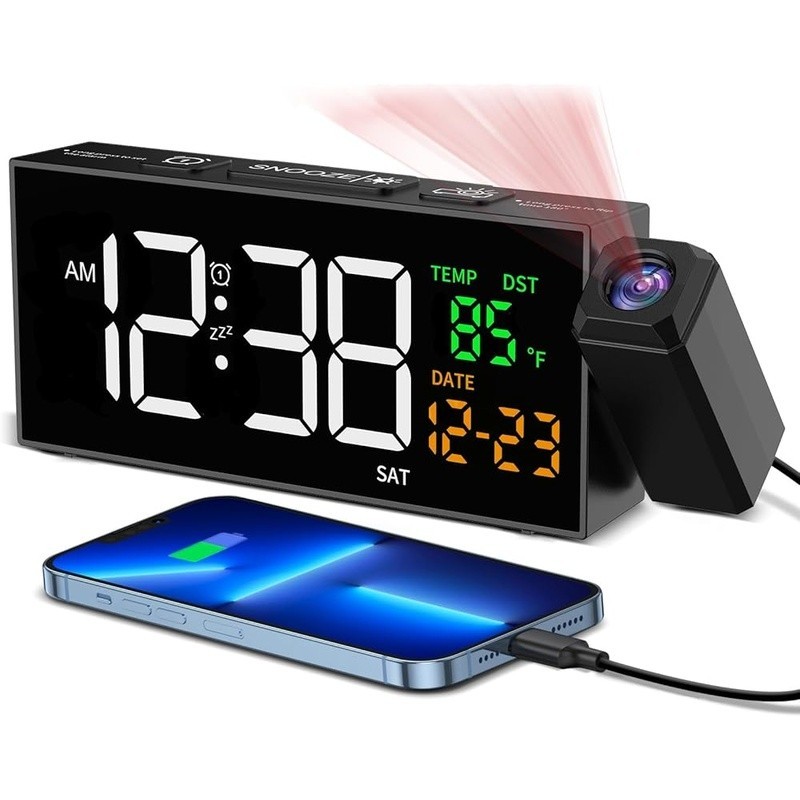 Projection Alarm Clock Adjustable Brightness Volume Temperature Display 4 in 1