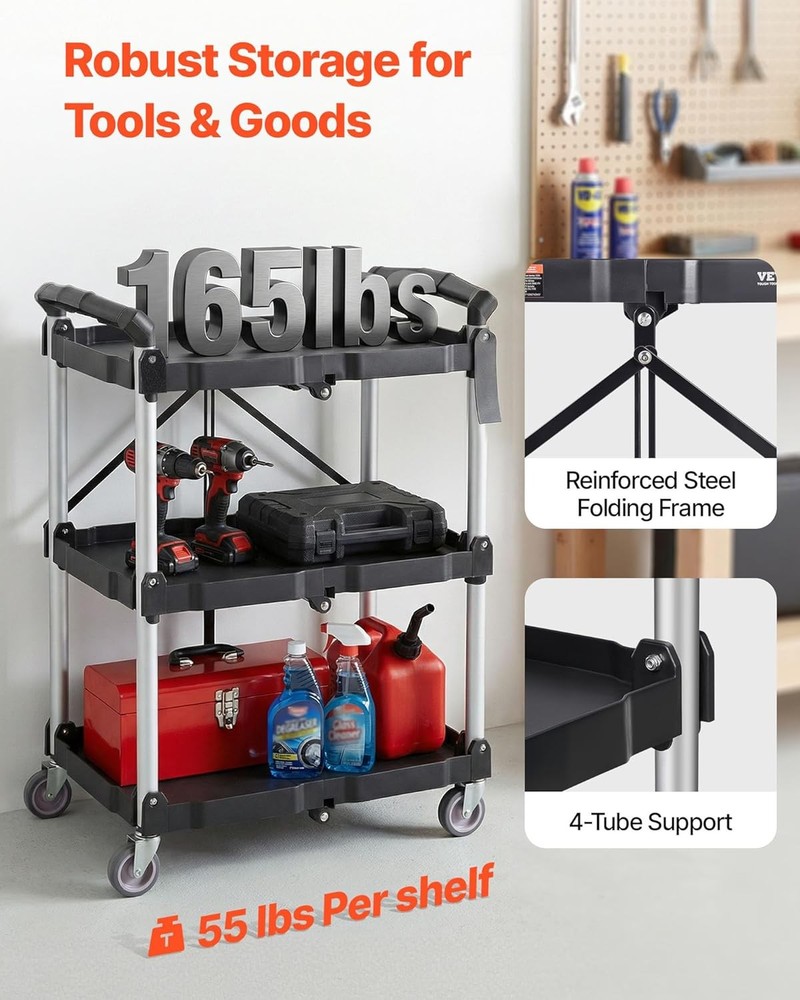 3 Shelf Folding Utility Cart 165LBS Plastic Rolling