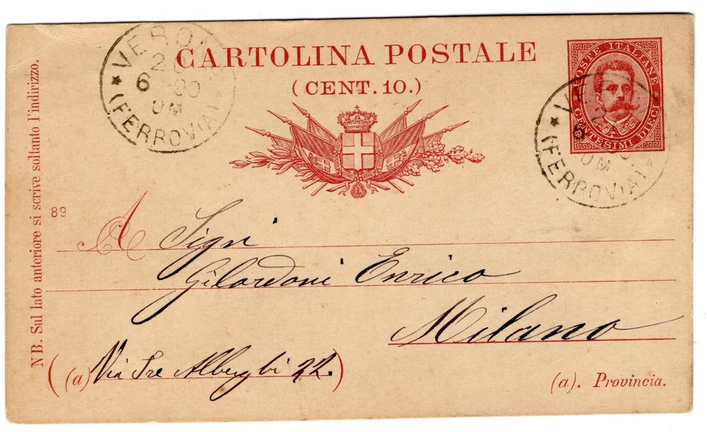 1890 Jun 20th. Postal Card. Verona to Milan.