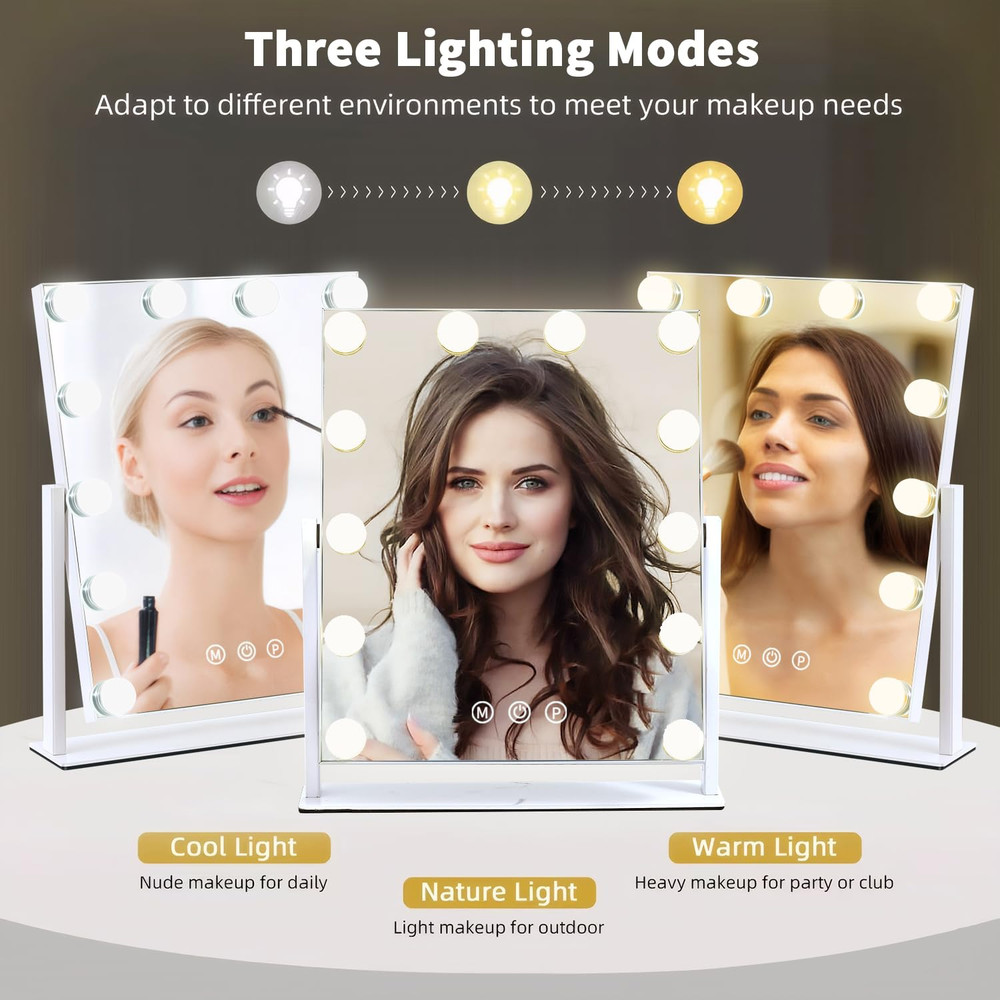 Lighted Vanity Mirror with 12 Dimmable Bulbs and 3 Color Modes, 360° Rotation