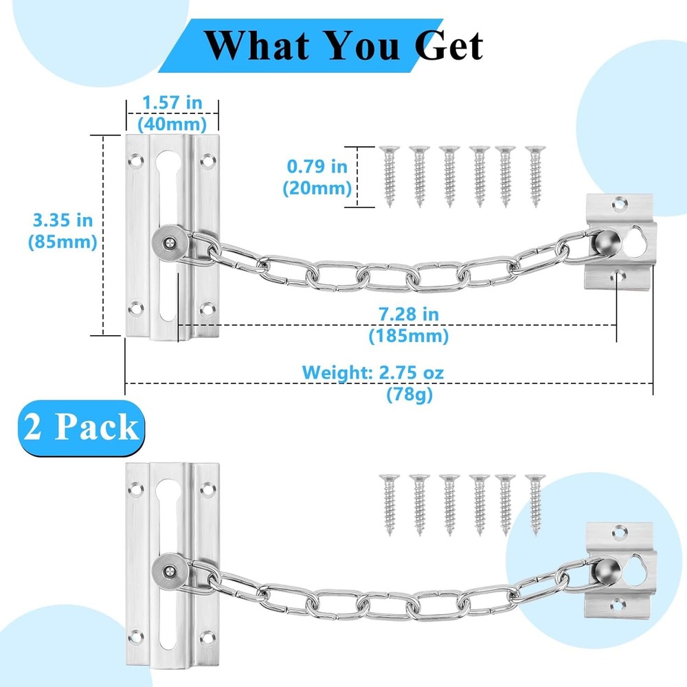 2 Pack Door Chain Lock, Premium Thickened Lock with 12 Silver - 2