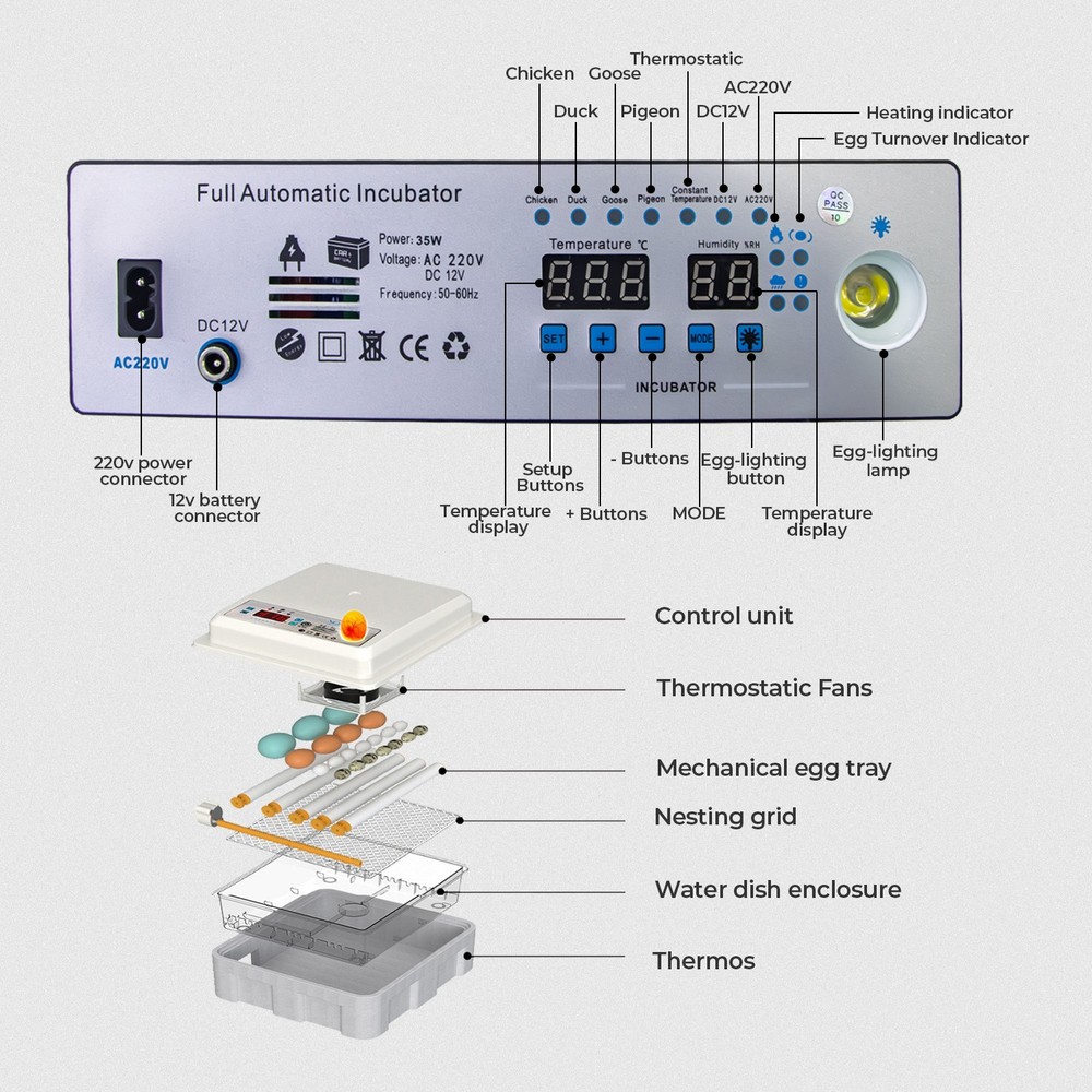 36Egg Incubators for Hatching Eggs with Automatic Egg Turning and Egg Candler