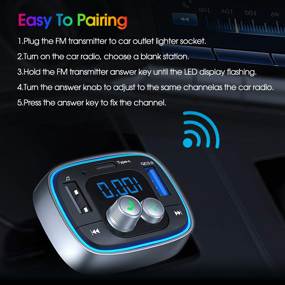 Bluetooth 5.1 FM Transmitter Car Adapter 7 Colors LED Backlit Hands-Free Calling