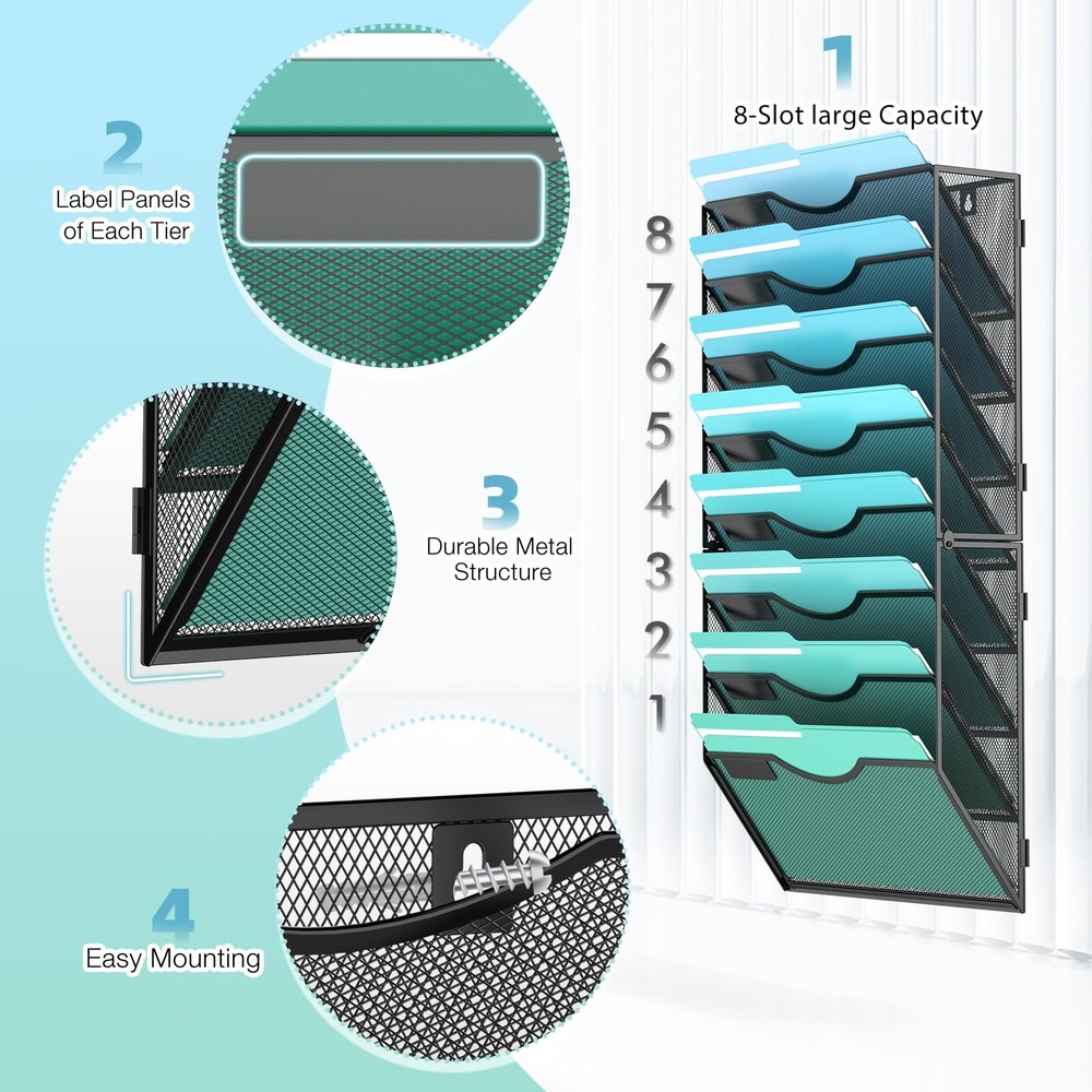 8-Tier Mesh Wall File Organizer Hanging Paper Folder Document Mail Holder