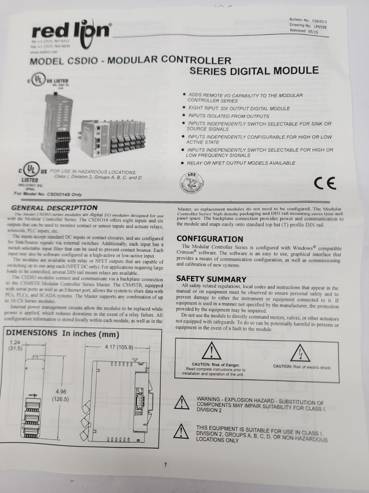 CSDI014S Red Lion Discrete Module, 8 Inputs, 6 Solid State Outputs, Controller