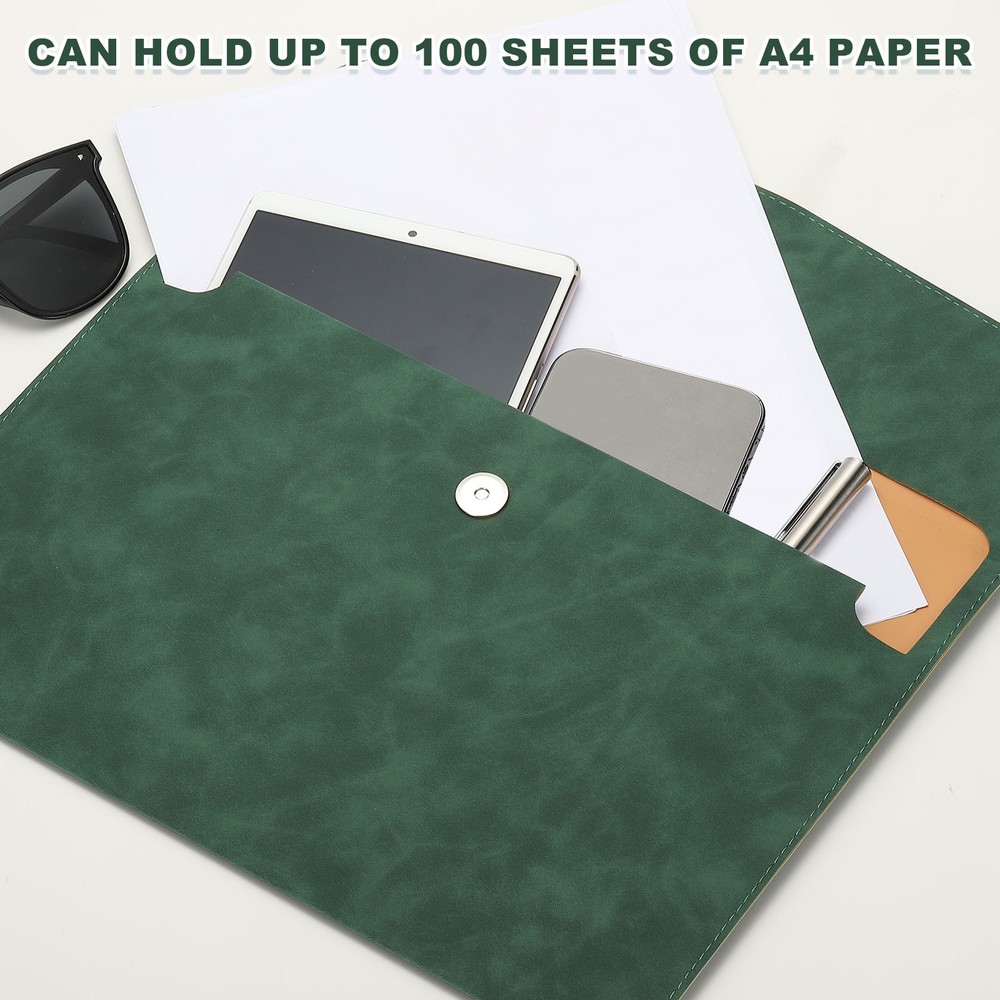 PU Leather A4 File Folder, 2Pcs Document Holder Filing Organizer, Green