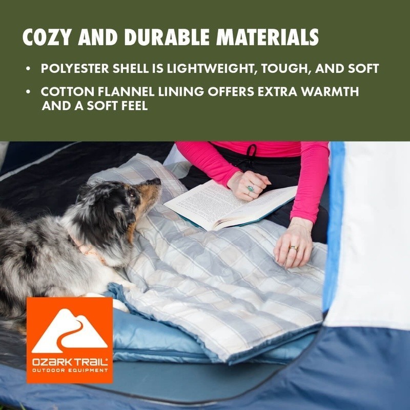 50F Flannel Lined Sleeping Bag Rectangular Cozy Camping Adults Machine Washable