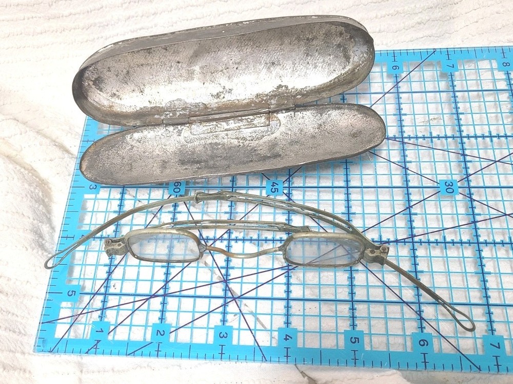 Antique 1800s Eyeglasses w Case Rectangular Small Lens Telescoping Arm Ooak Rare