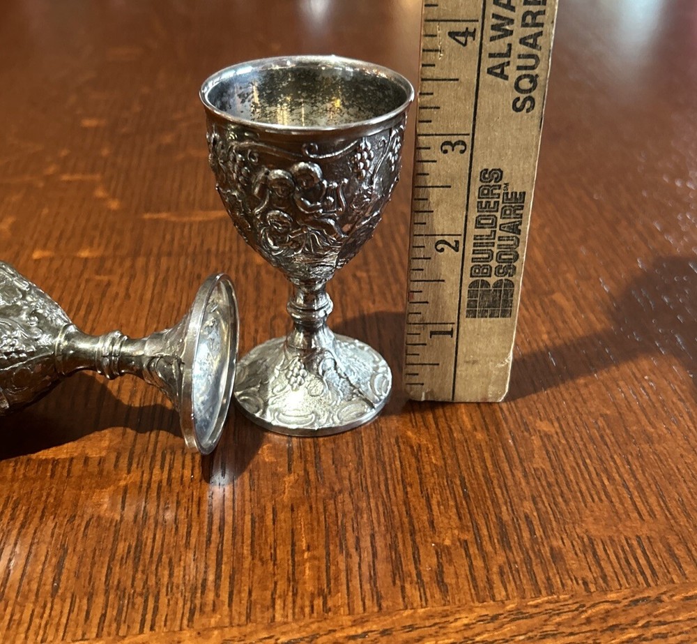 4 Cornell & Company Liqueur Goblets Small 3.25” Grapevine/Cherub Pattern Silver