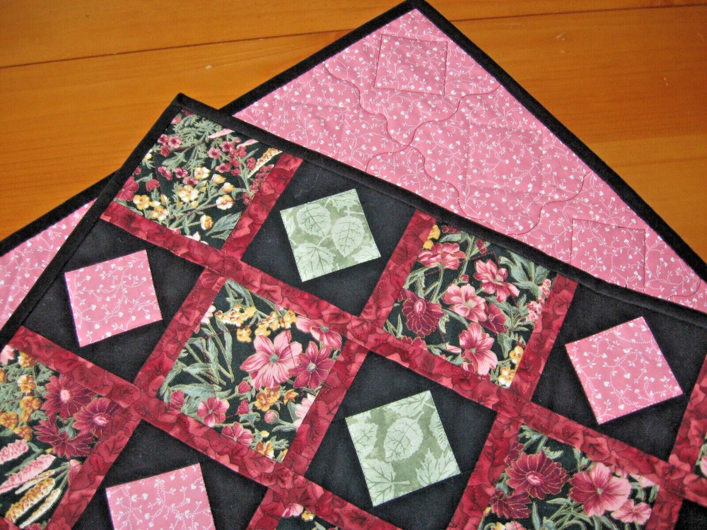 Quilted Table Runner, Handmade, Floral on Black with Square-in-Square alt Block